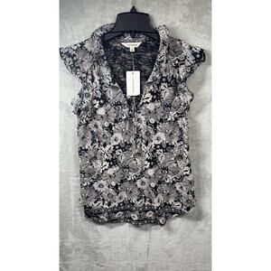 Lucky Brand NEW Womens Top S Multicolor Floral Flutter Short Sleeve V-Neck Tie